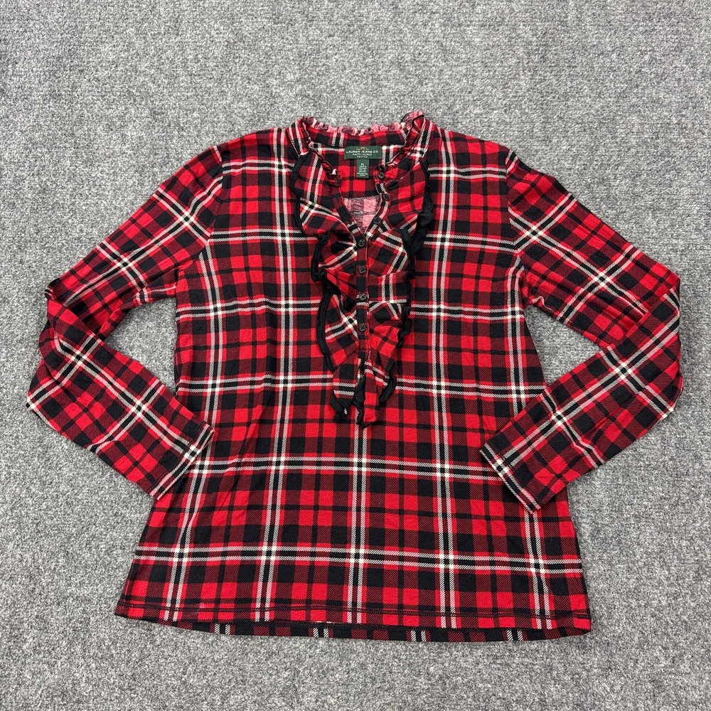 Lauren Jeans Co Ralph Lauren Shirt Womens PL Red Plaid Cotton Ruffle Henley